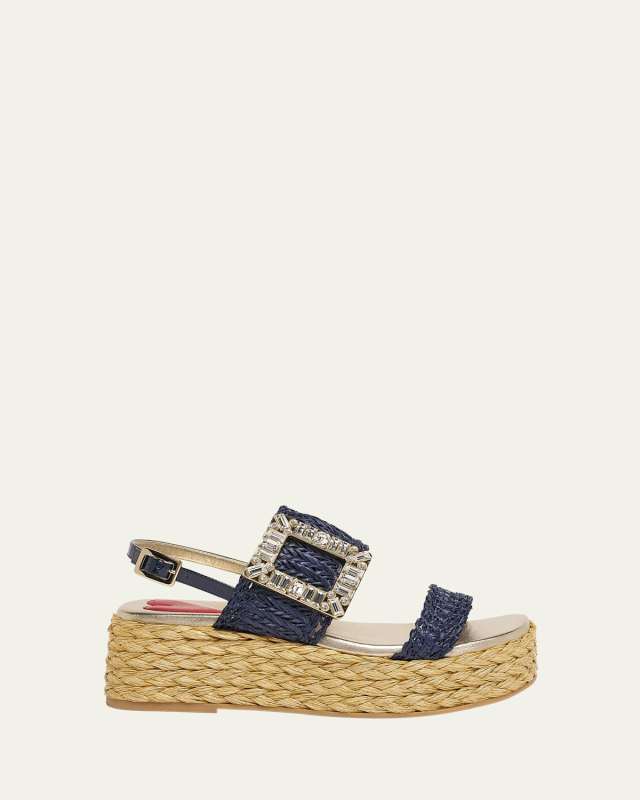 Summer Strass-Buckle Raffia Platform Sandals